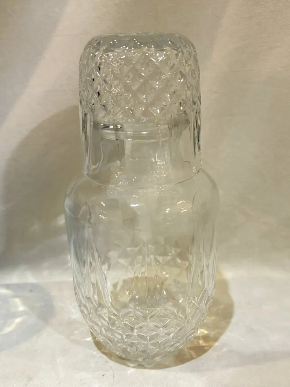 Clear Glass Bedside Water Carafe and Cup Set Diamond Cut Pattern
